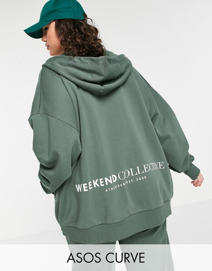 Asos Weekend Collective Curve Set Oversized Zip Thorugh Hoodie With Logo In Khaki-green