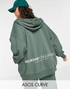 Asos Weekend Collective Curve Set Oversized Zip Thorugh Hoodie With Logo In Khaki-green