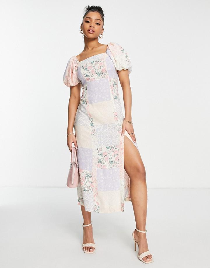 Miss Selfridge Puff Sleeve Midi Dress In Patchwork Floral-multi