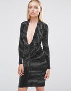City Goddess Plunge Neck Long Sleeve Midi Dress In Lurex - Black