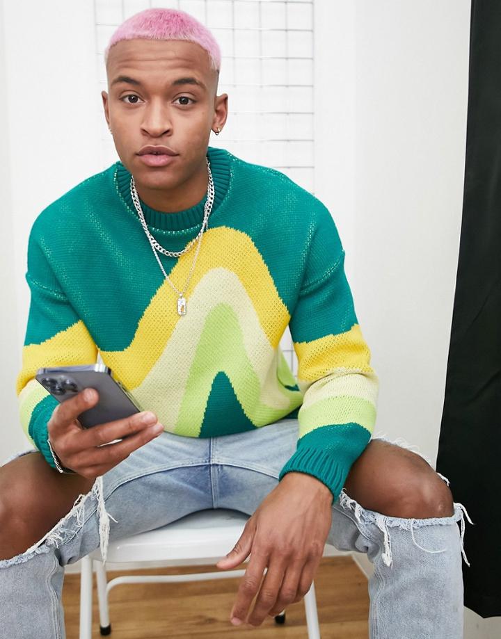 Asos Design Long Sleeve Knit Sweater With Wavy Stripes-multi