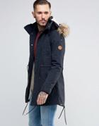 Native Youth Fleece Lined Parka Jacket With Faux Fur Hood - Black