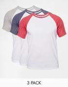 Asos T-shirt With Contrast Raglan Sleeves 3 Pack Save 21% - Multi