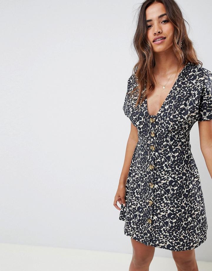 Asos Design Button Through Mini Casual Skater Dress In Leopard Print-multi