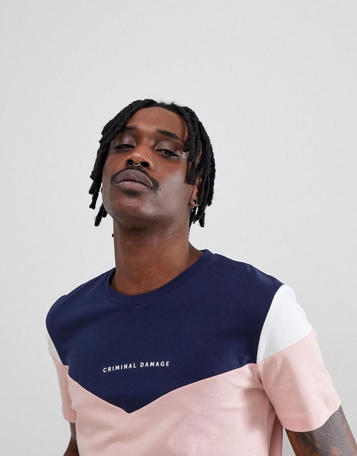 Criminal Damage Retro Paneled T-shirt - Pink