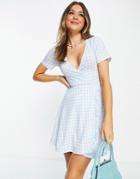 Pull & Bear V-neck Gingham Mini Dress In Blue-blues