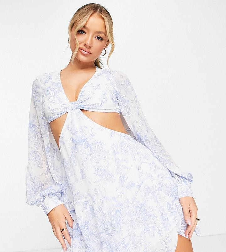 Missguided Smock Dress With Cut Outs In Light Blue Porcelain Print