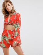 Prettylittlething Cut Out Chiffon Floral Romper - Orange