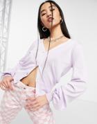 Heartbreak Balloon Sleeve Cropped Cardigan With Flower Buttons In Lilac-purple