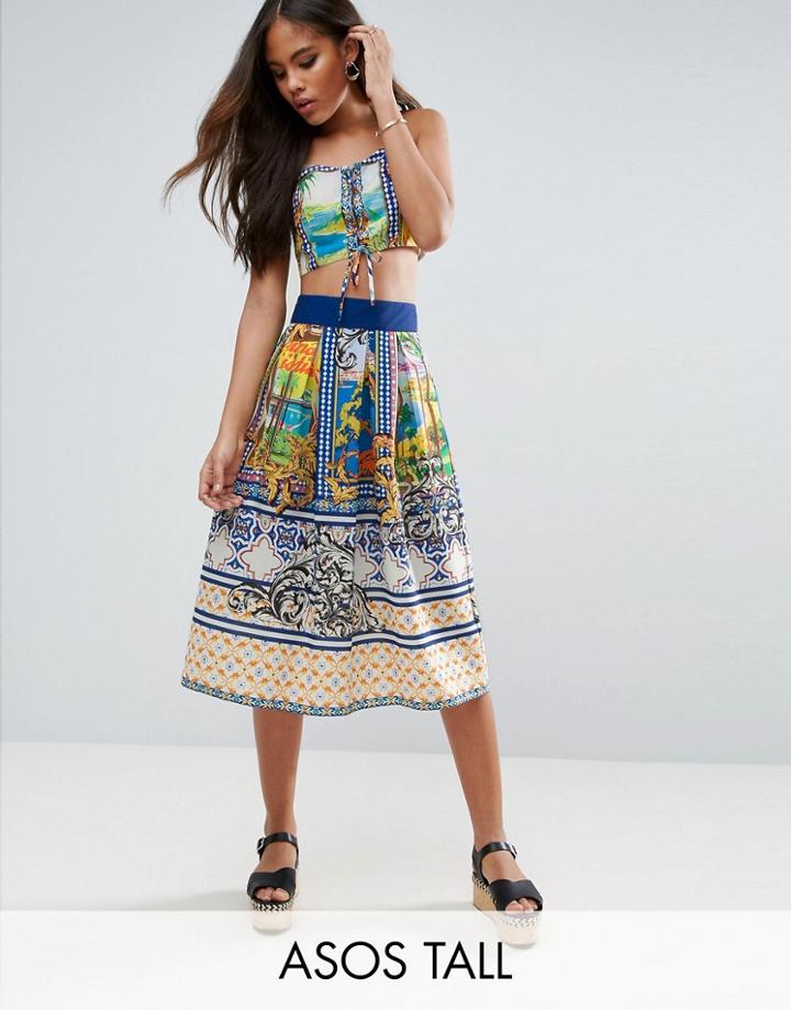 Asos Tall Co-ord Midi Skirt With Postcard Print - Multi