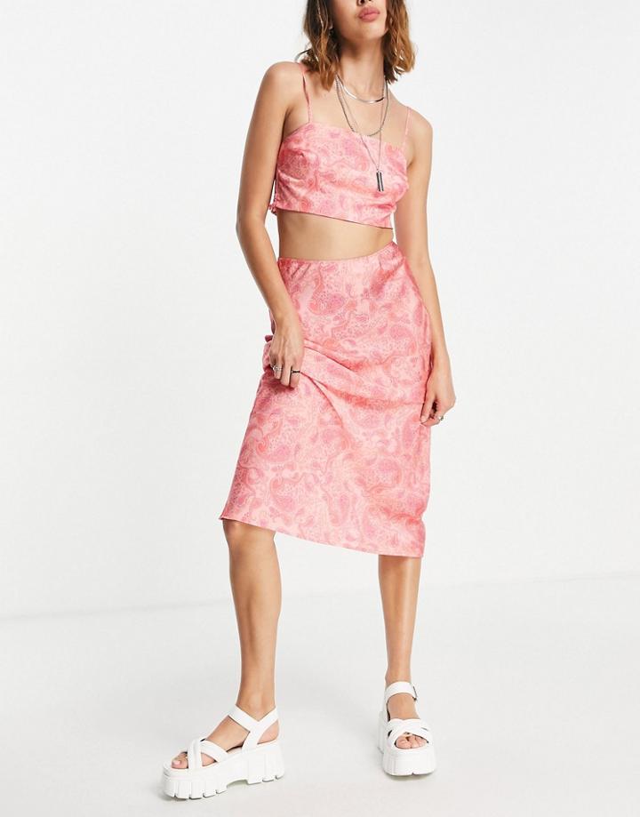 Topshop Paisley Midi Bias Skirt In Pink