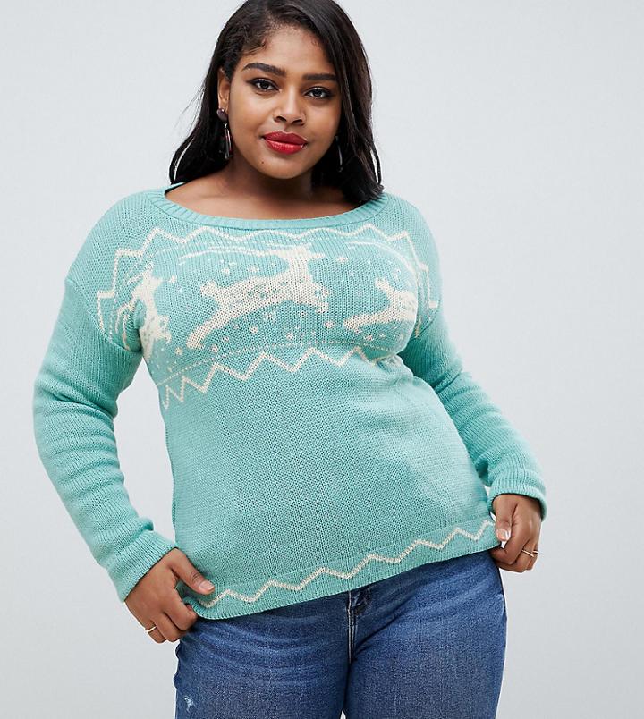 Club L Plus Christmas Oversized Sweater In Fairisle Print - Green