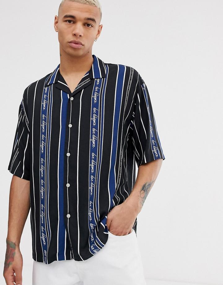 Due Diligence Revere Collar Shirt In Logo Stripe-blue