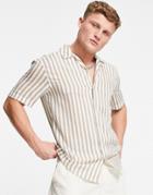 Only & Sons Short Sleeve Stripe Revere Shirt In Tan-brown