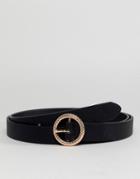 Asos Design Faux Leather Skinny Belt In Black With Gold Embossed Circle Buckle - Black