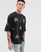 Asos Design Oversized T-shirt With All Over Globe Print-black