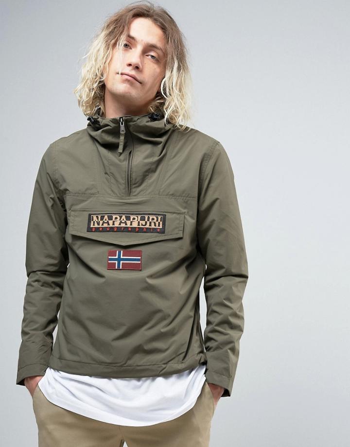 Napapijri Rainforest Overhead Jacket Hooded Layered Nylon In Gray Olive - Green
