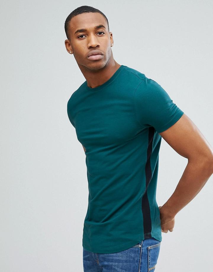 Asos Longline Muscle Fit T-shirt With Curve Hem And Gusset Contrast - Multi