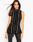 Asos High Tunic With Open Back In Sequin Stripe - Black