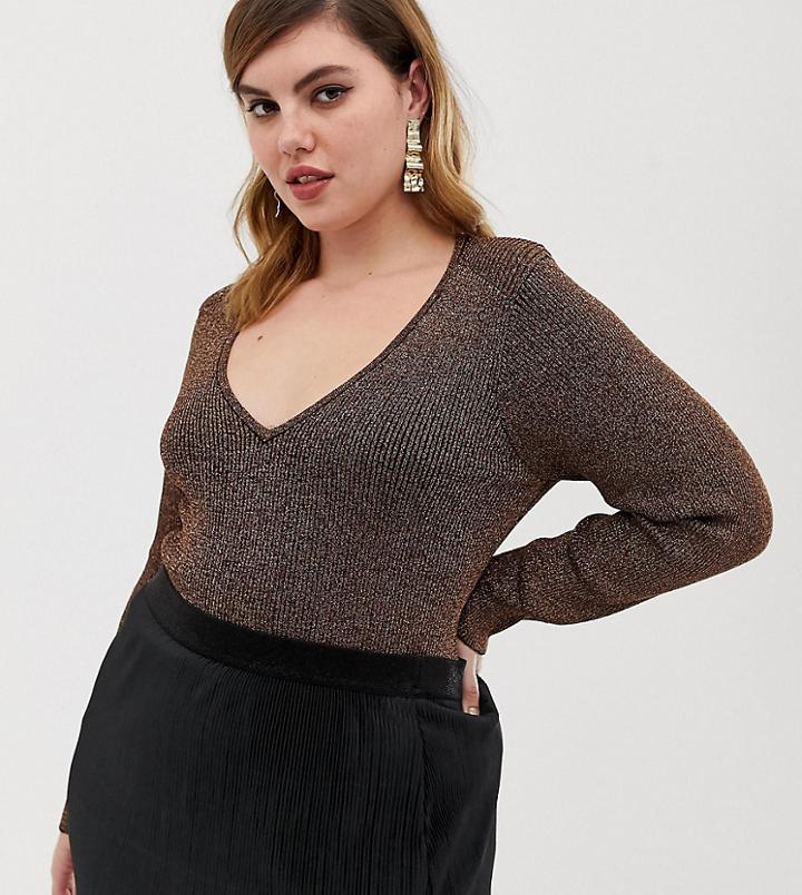 River Island Plus Sweater With V-neck In Bronze - Brown