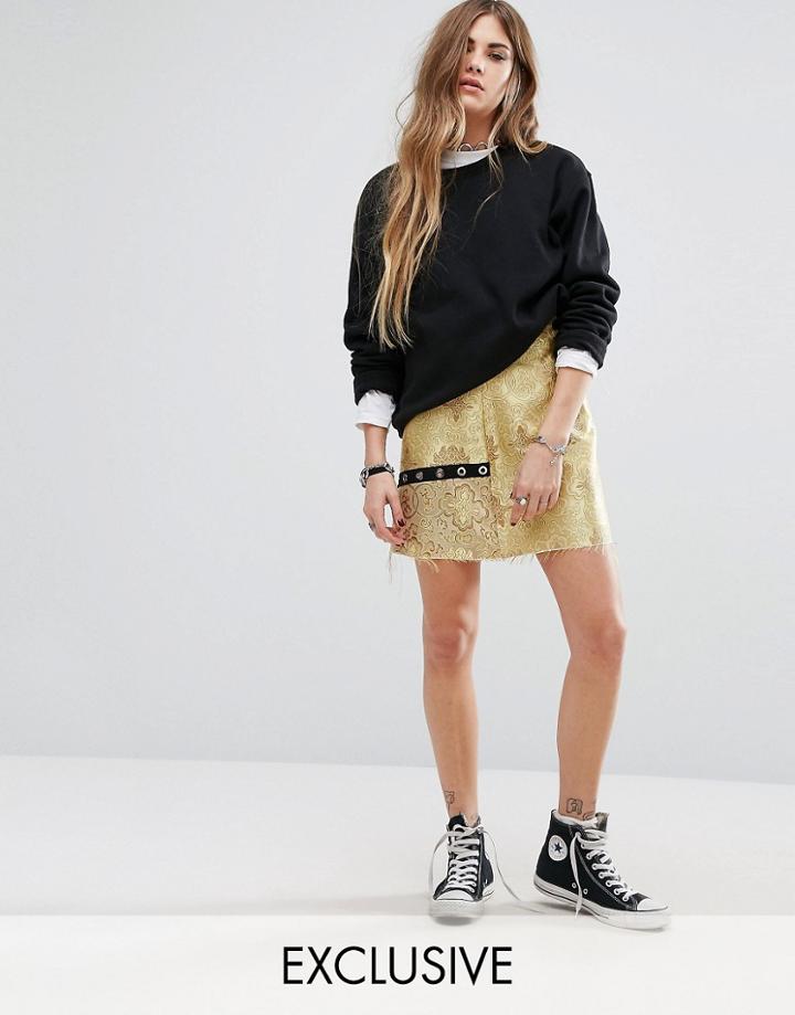 Reclaimed Vintage Mini Skirt In Brocade With Eyelet Detail - Yellow