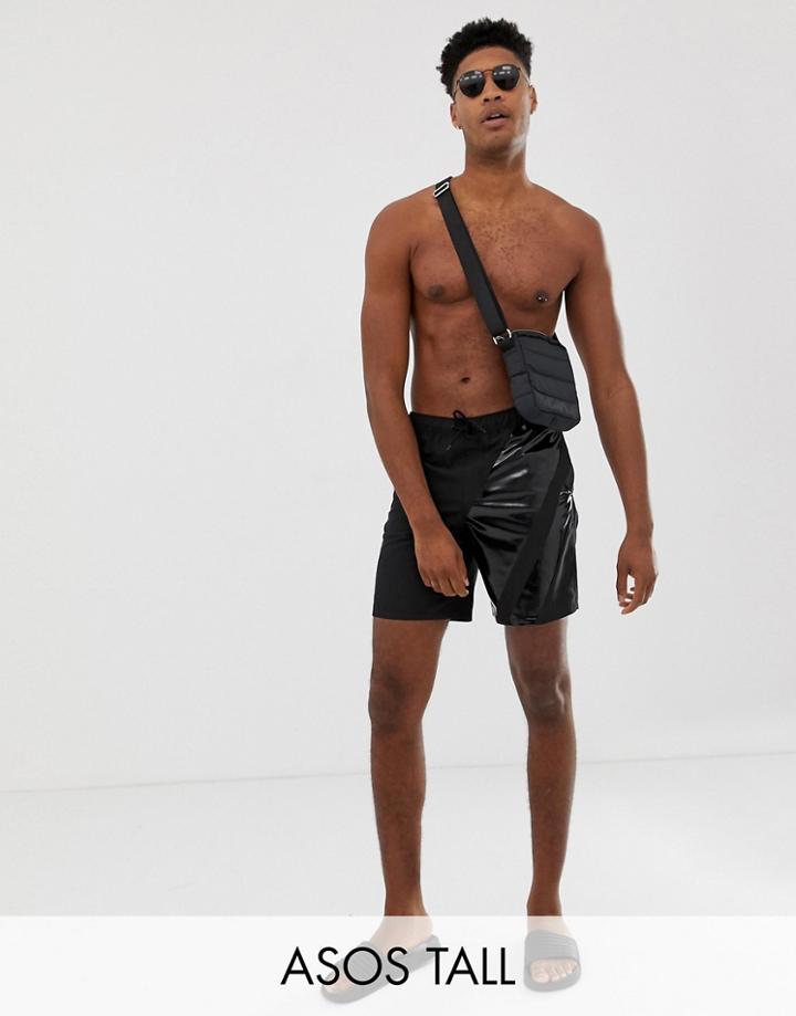 Asos Design Tall Swim Shorts With Zip And Shine Detail In Mid Length - Black