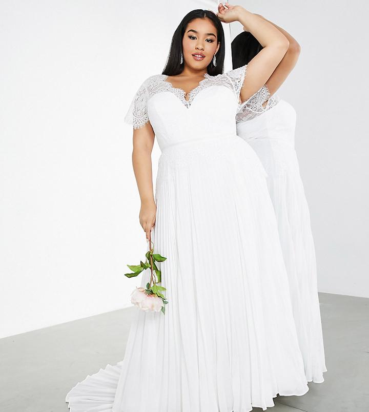 Asos Edition Curve Sophia Plunge Lace Wedding Dress With Pleated Skirt-white
