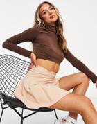 Flounce Turtle Neck Long Sleeve Slinky Crop Top In Brown