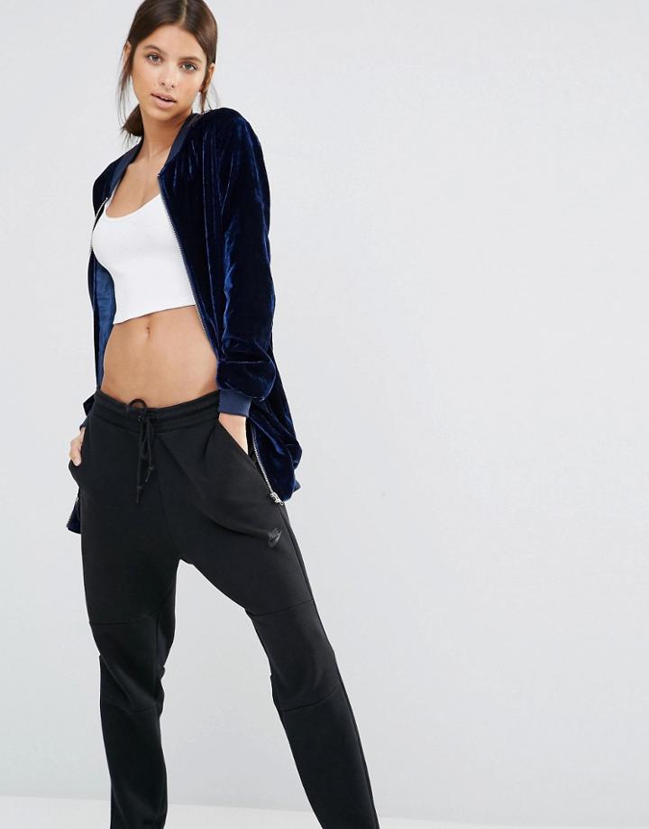 Missguided Longline Velvet Bomber Jacket - Navy