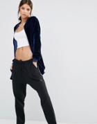 Missguided Longline Velvet Bomber Jacket - Navy