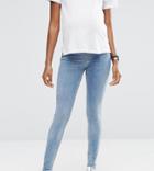 Asos Maternity Lisbon Mid Rise Jean In Zoe Wash With Ripped And Chewed Hem With Under The Bump Waistband - Blue