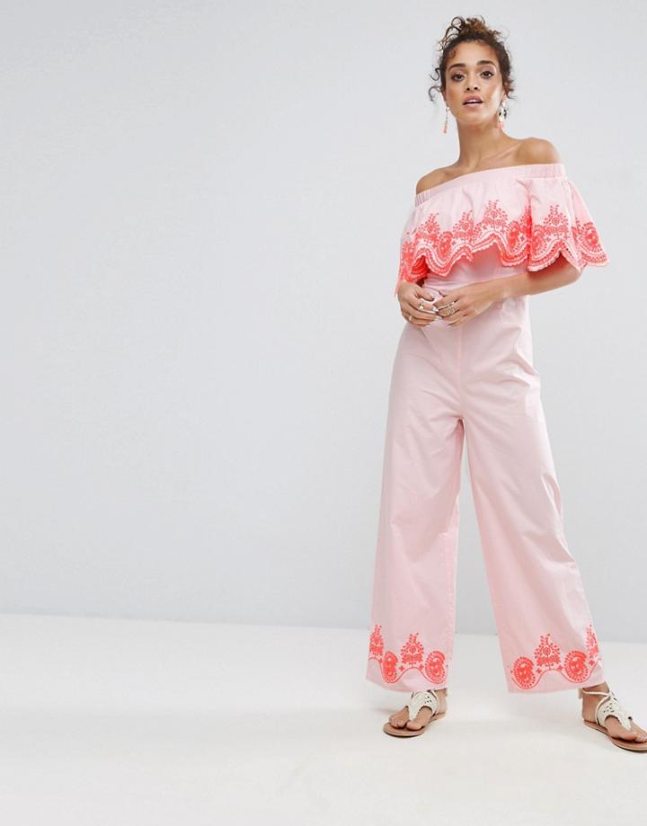 Asos Ruffle Bardot Jumpsuit In Cotton With Neon Embroidery - Pink