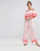 Asos Ruffle Bardot Jumpsuit In Cotton With Neon Embroidery - Pink