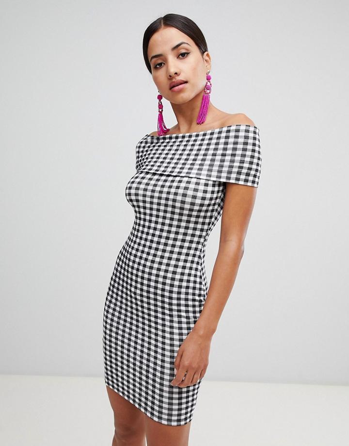 Rare Gingham Printed Bardot Midi Dress - Black
