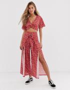 Pull & Bear Pacific Ditsy Floral Crop Pants Two-piece In Red - Red