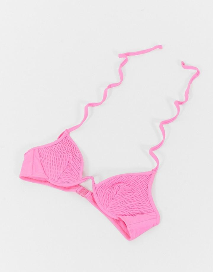 Asos Design Fuller Bust Shirred V Underwire Bikini Top In Hot Pink