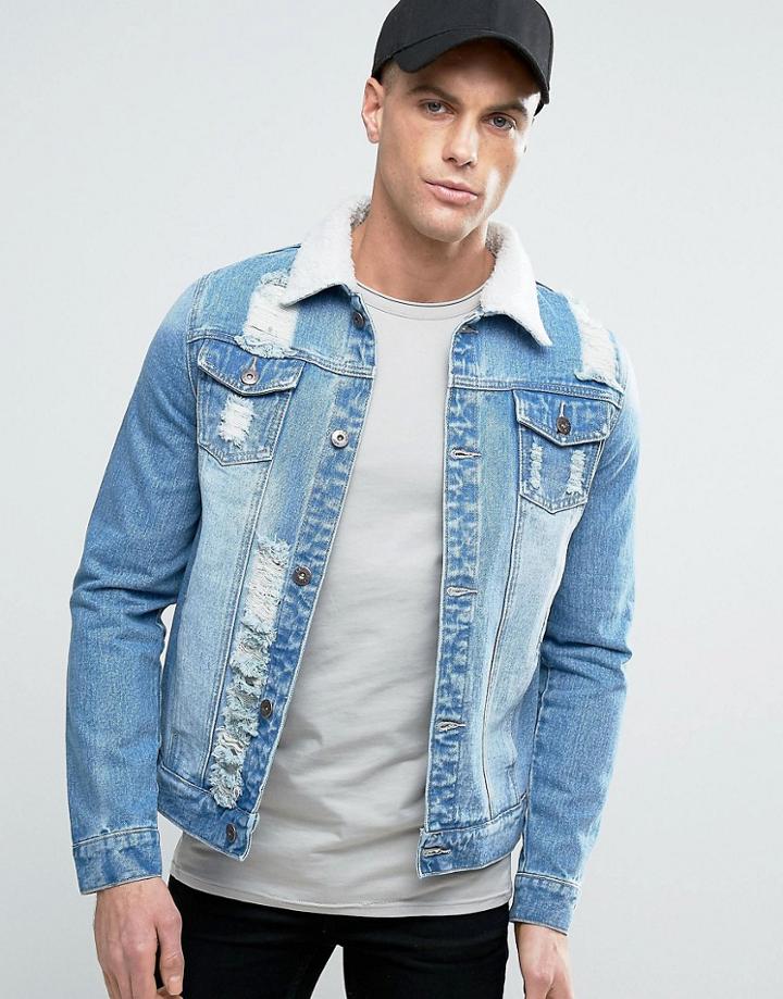 Liquor & Poker Ripped Denim Jacket Borg - Blue