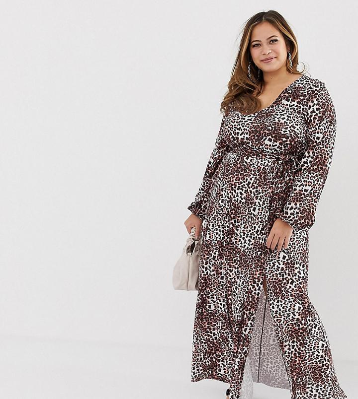 Asos Design Curve Belted Maxi Dress With Pleated Skirt In Leopard Print - Multi
