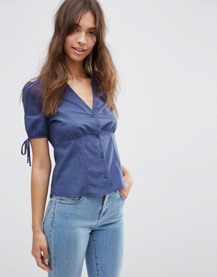 Asos Tea Blouse With Tie Sleeve - Navy