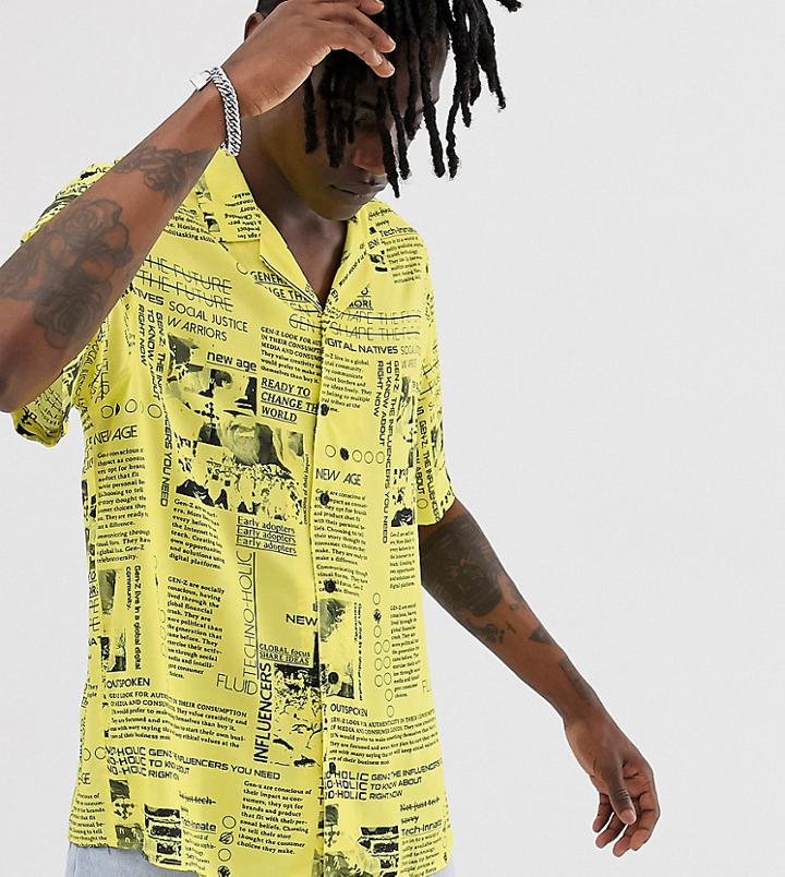 Collusion Newspaper Print Revere Shirt - Yellow
