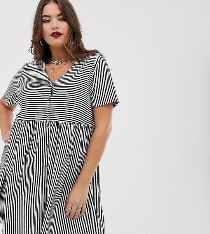 Asos Design Curve Mini V Neck Button Through Smock Dress In Stripe-multi
