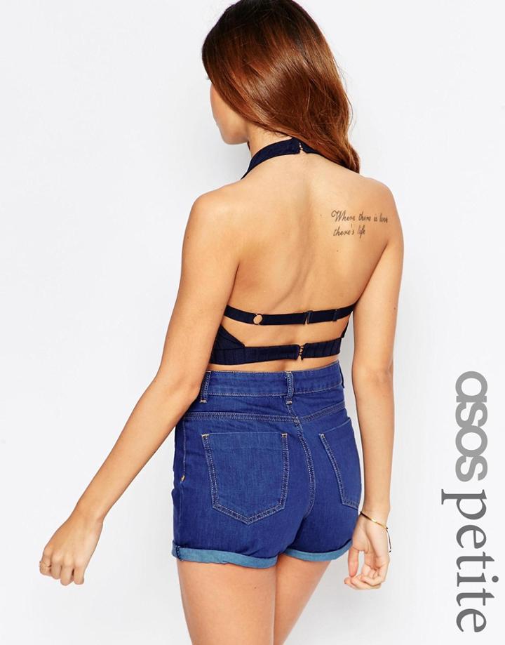 Asos Petite Halter Neck Bandage Crop Top With Open Strap Back - Navy