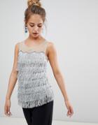 Qed London Fringe And Mesh Top - Silver