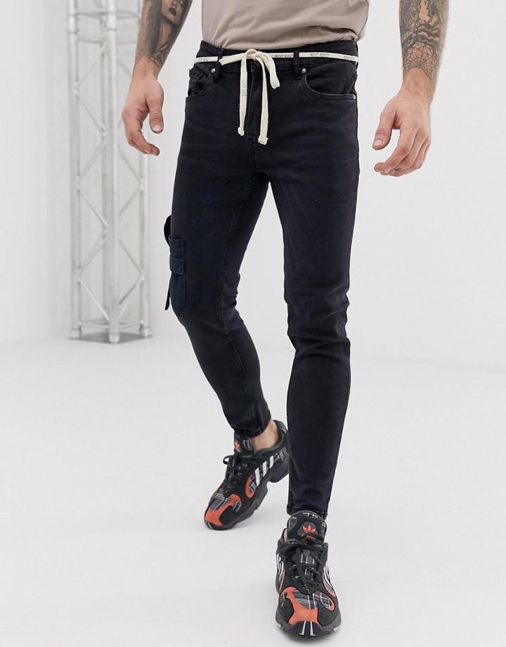 Night Addict Skinny Fit Jeans With Pockets And Waist Rope - Black