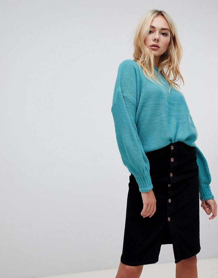 Qed London Frilly Trim Textured High Neck Sweater - Green