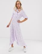 Ghost Hanky Hem Floral Midi Dress With Button Front And Tie Neck-purple