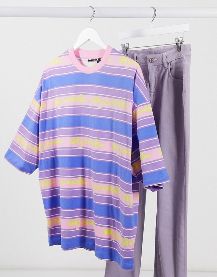 Asos Daysocial Oversized Stripe T-shirt With Logo Text-purple