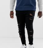 Asos Design Plus Spray On Jeans In Power Stretch With Heavy Rips In Black - Black