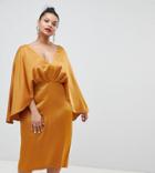 Asos Design Curve Satin Cape Kimono Sleeve Deep Plunge Midi Dress - Yellow