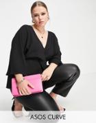 Asos Design Curve Exclusive Tie Front Kimono Blouse With Angel Sleeve In Black